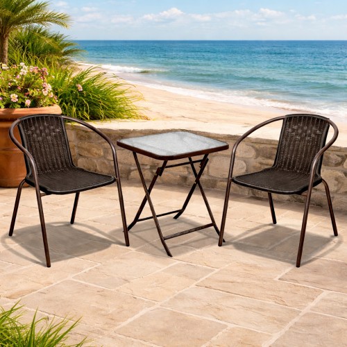 Σετ (3τμχ) Πτυσσόμενο Τραπέζι με Τζάμι Ασφαλείας & 2 Καρέκλες Camel 50x50x70cm GRD011-BR Καφέ