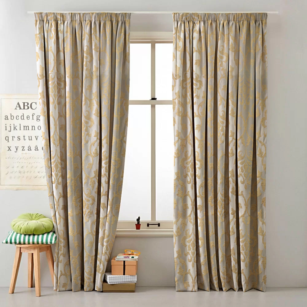 Κουρτίνα έτοιμη ραμμένη ταφτά ζακάρ Damask μπεζ-χρυσό KE 1920 (280x140cm) - με τρέσα