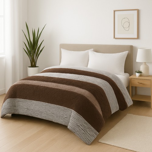 Ισοθερμικό Κουβερτοπάπλωμα Plush Shaggy Stripe Υπέρδιπλο  Ιβουάρ-καφέ 220X240 QBL-146BR