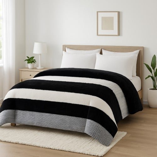 Ισοθερμικό Κουβερτοπάπλωμα Plush Shaggy Stripe Υπέρδιπλο Γκρι-μαύρο 220X240 QBL-146BLGR